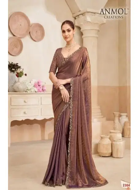 Brown Colour Kaina Vol 4 By Anmol Georgette Shimmer Party Wear Designer Work Sarees Wholesale In India 2304